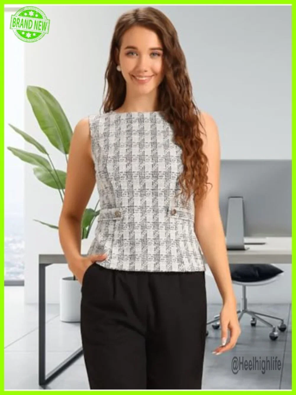 Elegant Sleeveless Tweed Vest Top Crew Neck Business Casual Office